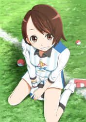 Rule 34 | 1girl, absurdres, ball, between legs, blush, brown hair, creatures (company), from above, game freak, gloria (pokemon), gloves, grass, grin, gym challenge uniform, hand between legs, highres, kneehighs, looking at viewer, looking up, negimiso1989, nintendo, poke ball, poke ball (basic), pokemon, pokemon swsh, short hair, shorts, single glove, sitting, sitting on ball, smile, soccer ball, soccer uniform, socks, solo, sportswear, wariza