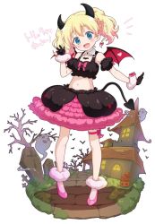 Rule 34 | 1girl, :d, alice cartelet, bare shoulders, bare tree, black gloves, black skirt, black sleeves, blonde hair, blue eyes, blush, bow, braid, building, commentary, crop top, demon girl, demon horns, demon tail, demon wings, detached sleeves, fang, full body, fur-trimmed gloves, fur trim, ghost, gloves, hair between eyes, hair bow, hand up, head tilt, heart, horns, jack-o&#039;-lantern, jigatei (omijin), kin-iro mosaic, midriff, navel, notice lines, open mouth, pink footwear, puffy short sleeves, puffy sleeves, red bow, red wings, shoes, short sleeves, skirt, smile, solo, standing, symbol-only commentary, tail, tombstone, translation request, tree, twintails, white background, window, wings