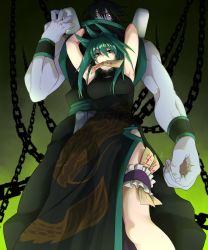 Rule 34 | 1boy, 1girl, arm around waist, arms up, artist request, bare shoulders, black hair, blue eyes, breasts, chain, china dress, chinese clothes, cleavage cutout, clothing cutout, curvy, dress, grabbing, gradient background, green hair, hair between eyes, highres, jiangshi, large breasts, lee bailong, long hair, muscular, ofuda, pelvic curtain, shaman king, side slit, size difference, standing, talisman, talisman in mouth, tao jun, tenjou tsuki, zombie
