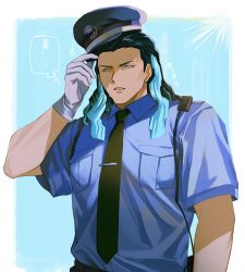 Rule 34 | 1boy, alternate costume, black hair, black necktie, blue eyes, blue hair, blue shirt, collared shirt, commentary request, fate/grand order, fate (series), gloves, gradient hair, hat, highres, holding, holding clothes, holding hat, long hair, looking at viewer, male focus, multicolored hair, muscular, muscular male, necktie, nikola tesla (fate), police, police hat, police uniform, policeman, shirt, short sleeves, simple background, solo, sosaka, speech bubble, sunlight, sweat, two-tone hair, uniform, upper body, white gloves