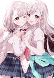 Rule 34 | 2girls, ;d, ;o, black ribbon, blush, braid, braided bangs, brown eyes, cheek-to-cheek, clothes around waist, collared shirt, commentary request, grey hair, grey skirt, hair over shoulder, hair ribbon, hands up, heads together, highres, hisakawa hayate, hisakawa nagi, idolmaster, idolmaster cinderella girls, jacket, long hair, long sleeves, looking at viewer, low twintails, misumi (macaroni), multiple girls, one eye closed, open clothes, open jacket, open mouth, parted lips, plaid, plaid skirt, pleated skirt, puffy short sleeves, puffy sleeves, ribbon, shirt, short sleeves, siblings, simple background, sisters, skirt, sleeves past wrists, smile, twins, twintails, very long hair, white background, white jacket, white shirt