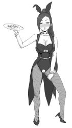 Rule 34 | 1girl, aftersex, animal ears, blush, choker, condom, crotchless, crotchless leotard, dragon quest, dragon quest xi, fake animal ears, fishnet pantyhose, fishnets, full body, gomu (chewinggom), greyscale, hand up, heart, heart choker, high heels, highres, holding, holding tray, leotard, long hair, looking at viewer, martina (dq11), monochrome, pantyhose, parted lips, playboy bunny, ponytail, pussy, rabbit ears, simple background, solo, tailcoat, tray, used condom, very long hair, white background