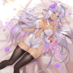 Rule 34 | 1girl, absurdres, ahoge, aqua eyes, bare shoulders, bed sheet, black thighhighs, blush, breasts, center opening, cleavage, closed mouth, collar, collarbone, commission, dark-skinned female, dark skin, dress, feet out of frame, flower, from above, gloves, hair flower, hair ornament, half gloves, highres, holding, kumatora tatsumi, large breasts, long hair, looking at viewer, lying, navel, on back, on bed, original, pelvic curtain, petals, purple flower, shawl, short dress, silver hair, skeb commission, skindentation, smile, solo, strapless, strapless dress, thighhighs, very long hair, white dress, white gloves