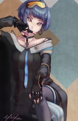 Rule 34 | 1girl, ahoge, asymmetrical legwear, black gloves, black jacket, blue hair, choker, collarbone, commentary, covered mouth, cowboy shot, crossed legs, earrings, english commentary, fingerless gloves, girls&#039; frontline, gloves, goggles, goggles on head, highres, jacket, jewelry, looking at viewer, mismatched legwear, multicolored nails, off-shoulder jacket, off shoulder, orange eyes, orange goggles, short hair, signature, single earring, sitting, solo, yinyun, zas m21 (girls&#039; frontline)
