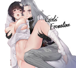 Rule 34 | 2girls, absurdres, artist name, bandaged leg, bandages, black gloves, black hair, black sheep, blush, grabbing another&#039;s breast, breasts, brown eyes, character request, closed mouth, commentary request, convenient leg, copyright name, dated, deep skin, flower, girls&#039; frontline, gloves, grabbing, grabbing from behind, grey (girls frontline), grey pants, hair flower, hair ornament, highres, hitomi o, lady grey (girls&#039; frontline), large breasts, light smile, long hair, looking at viewer, machlian (girls&#039; frontline), multiple girls, naked shirt, navel, open mouth, pants, shirt, short hair, silver hair, simple background, spread legs, standing, standing on one leg, sweat, white background, white shirt, yuri