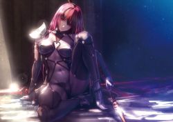 Rule 34 | 1girl, arm support, armor, armored boots, bodysuit, boots, breasts, covered navel, expressionless, fate (series), gae bolg (fate), glint, hair between eyes, head tilt, high heel boots, high heels, holding, knee up, large breasts, light, light particles, long hair, looking at viewer, navel, nina (ninageya), pauldrons, polearm, purple bodysuit, purple hair, red eyes, scathach (fate), shade, shoulder armor, sidelocks, sitting, solo, spear, tsurime, very long hair, weapon