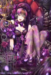 Rule 34 | 1girl, :d, absurdres, bad id, bad pixiv id, black dress, black footwear, black gloves, black hair, bow, bowtie, breasts, cleavage, dress, fishnet pantyhose, fishnets, floral print, flower, frilled dress, frills, gloves, hair flower, hair ornament, hair ribbon, hat, high heels, highres, large breasts, layered dress, lolita fashion, long hair, multicolored hair, open mouth, pantyhose, petals, pink flower, pink hair, pink hat, purple bow, purple bowtie, purple ribbon, ribbon, shiny clothes, sitting, smile, solo, twintails, two-tone hair, watermark, web address, yellow eyes