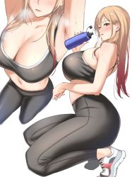 Rule 34 | 1girl, alternate costume, arms up, blonde hair, blush, bottle, breasts, breath, cleavage, collarbone, ear piercing, earrings, fake nails, from above, from side, full body, grey pants, grey sports bra, head out of frame, highres, holding, holding bottle, ichinose (ichinose1592), jewelry, kitagawa marin, large breasts, long hair, midriff, multiple views, nail polish, navel, pants, parted lips, piercing, pink hair, pink nails, red eyes, shoes, simple background, skindentation, sneakers, sono bisque doll wa koi wo suru, sports bra, sportswear, stomach, straight hair, sweat, water bottle, white background, yoga pants