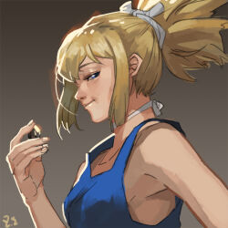 Rule 34 | 1girl, blonde hair, blue eyes, blue tank top, breasts, brown background, closed mouth, commentary, dr. stone, gradient background, high ponytail, holding, kohaku (dr. stone), looking at viewer, medium breasts, profile, short hair, signature, smile, solo, tank top, upper body, zi tsas