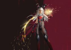 1girl absurdres animal_ears fake_animal_ears girls&#039;_frontline girls&#039;_frontline_2:_exilium highres holding holding_sword holding_weapon krolik_(girls&#039;_frontline_2) long_hair looking_at_viewer lsha mechanical_ears open_mouth rabbit_ears red_background red_eyes simple_background solo sparks standing sword weapon white_hair