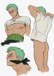 Rule 34 | 1boy, abs, absurdres, ass, bandana, bara, blush, bottomless, clenched teeth, cloth gag, clothes lift, collage, cropped legs, cropped shoulders, earrings, from side, frown, gag, gagged, green hair, highres, improvised gag, jewelry, large pectorals, looking away, male focus, muscular, muscular male, nipples, one piece, over the mouth gag, pectorals, roronoa zoro, shirt lift, short hair, sideburns, smokerichi, solo, stomach, teeth, thighs, underpec, undressing