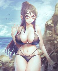 Rule 34 | 1girl, alternate hairstyle, arm at side, armpit crease, assault lily, bare arms, bare shoulders, bikini, bird, black bikini, black hair, blue eyes, blue sky, breasts, chromatic aberration, cleavage, closed mouth, cloud, collarbone, commentary request, cowboy shot, day, fingernails, glasses, groin, hair between eyes, hair bun, half updo, halterneck, hand up, highres, horizon, large breasts, light particles, long hair, looking at viewer, mashima moyu, multi-strapped bikini, navel, o-ring, o-ring bikini, o-ring bottom, o-ring top, ocean, outdoors, red-framed eyewear, revision, rock, side-tie bikini bottom, sidelocks, sky, smile, solo, standing, stomach, string bikini, swimsuit, tori udon, very long hair, wet