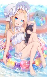 Rule 34 | 1girl, abigail williams (fate), abigail williams (swimsuit foreigner) (fate), abigail williams (swimsuit foreigner) (third ascension) (fate), bare shoulders, barefoot, bikini, black cat, blonde hair, blue eyes, blush, bonnet, bow, breasts, cat, fate/grand order, fate (series), forehead, hair bow, iincho (airi8751), innertube, legs, long hair, looking at viewer, miniskirt, navel, open mouth, parted bangs, sidelocks, skirt, small breasts, smile, swim ring, swimsuit, twintails, very long hair, water, white bikini, white bow, white headwear