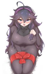 Rule 34 | 1girl, @ @, ahoge, alternate breast size, black hair, breasts, commentary, commentary request, creatures (company), dress, game freak, gift, gift wrapping, hair between eyes, hairband, hex maniac (pokemon), highres, large breasts, long hair, messy hair, nintendo, nipples, npc trainer, open mouth, pokemon, pokemon xy, purple dress, purple eyes, purple hairband, red ribbon, ribbed sweater, ribbon, ringed eyes, seiza, self-upload, sitting, solo, soveno, sweater, thick thighs, thighhighs, thighs, turtleneck, turtleneck sweater