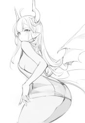 Rule 34 | 1girl, ass, breasts, closed mouth, from behind, from side, greyscale, highres, horns, looking at viewer, looking to the side, meme attire, monochrome, nekojira, original, pointy ears, sideboob, simple background, solo, sweatdrop, thea (nekojira), virgin killer sweater, white background, wings