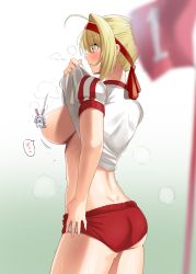 Rule 34 | 1girl, ass, blonde hair, blush, breasts, buruma, censored, censored nipples, clothes lift, fate/extra, fate/grand order, fate (series), from behind, gachou, green eyes, hair intakes, hair ornament, highres, large breasts, nero claudius (fate), nero claudius (fate) (all), nero claudius (olympian bloomers) (fate), novelty censor, parted lips, red buruma, shirt, shirt lift, short sleeves, single hair intake, solo, sweat, thighs, white shirt