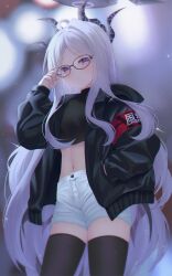 Rule 34 | 1girl, absurdres, armband, bespectacled, black-framed eyewear, black horns, black jacket, black thighhighs, blue archive, blush, closed mouth, cowboy shot, demon horns, dong hawn, glasses, grey hair, halo, highres, hina (blue archive), horns, jacket, long hair, long sleeves, looking at viewer, multiple horns, navel, open clothes, open jacket, purple eyes, red armband, short shorts, shorts, smile, solo, thighhighs, white shorts
