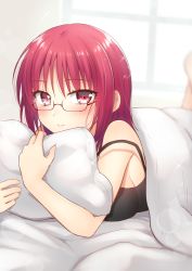 Rule 34 | 1girl, angel beats!, barefoot, bed, bed sheet, bespectacled, blurry, depth of field, split mouth, glasses, iwasawa masami, light smile, looking at viewer, lying, nakamura hinato, on stomach, pillow, red eyes, red hair, short hair, sleepwear, solo, sparkle, strap slip, window