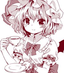 Rule 34 | 1girl, ama-tou, bat wings, blush, bow, buttons, collar, collarbone, cup, eyelashes, fingernails, frills, hair between eyes, halftone, hat, hat ribbon, holding, holding cup, looking at viewer, mob cap, monochrome, neck ribbon, puffy short sleeves, puffy sleeves, red theme, remilia scarlet, ribbon, ribbon-trimmed sleeves, ribbon trim, saucer, short hair, short sleeves, simple background, smile, solo, tareme, tea, teacup, touhou, upper body, white background, wings, wristband