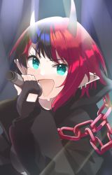 Rule 34 | 1girl, nanashi inc., black gloves, black hair, black jacket, blue eyes, blush, chain, commentary request, demon girl, demon horns, ear piercing, fingerless gloves, gloves, highres, holding, holding microphone, horns, jacket, looking at viewer, microphone, multicolored hair, music, open mouth, piercing, pointy ears, red hair, ryugasaki rene, short hair, singing, solo, sugar lyric, two-tone hair, upper body, virtual youtuber, zono (inokura syuzo029)