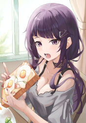 Rule 34 | 1girl, absurdres, bacon, black choker, blunt bangs, blush, bread slice, breasts, choker, cleavage, collarbone, eating hair, fingernails, food, fried egg, grey shirt, highres, holding, holding food, idolmaster, idolmaster shiny colors, indoors, long hair, looking at viewer, medium breasts, nail polish, open mouth, perilpoint, purple eyes, purple hair, shirt, sitting, solo, tanaka mamimi, toast, twintails, very long hair