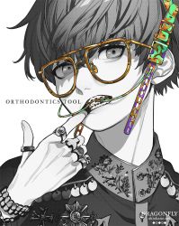 Rule 34 | 1boy, akiakane, braces, commentary request, finger in own mouth, glasses, hair between eyes, index finger raised, jewelry, limited palette, looking at viewer, male focus, medal, original, ring, simple background, solo, upper body, watermark, web address, white background