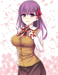 Rule 34 | 1girl, :d, bad id, bad pixiv id, blush, breasts, fate/stay night, fate (series), highres, homurahara academy school uniform, large breasts, long hair, matou sakura, nano (syoutamho), open mouth, purple eyes, purple hair, school uniform, smile, solo, vest