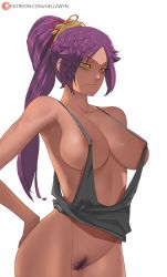 Rule 34 | 1girl, absurdres, black shirt, bleach, bottomless, breasts, covered navel, dark-skinned female, dark skin, female pubic hair, hand on own hip, hellzwyn, highres, large breasts, lips, looking at viewer, ponytail, pubic hair, pussy, shihouin yoruichi, shirt, simple background, solo, toned, white background, yellow eyes