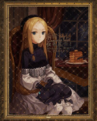 Rule 34 | 1girl, abigail williams (event portrait) (fate), abigail williams (fate), animal, animal on lap, artist name, black bow, black cat, black hat, black shirt, blonde hair, blue eyes, bodystocking, bow, braid, braided ponytail, breasts, cat, cat on lap, commission, dress, dress bow, fate/grand order, fate (series), food, forehead, grey dress, hair bow, hat, highres, long hair, long sleeves, looking at viewer, off shoulder, on chair, on lap, pancake, pancake stack, pantyhose, parted bangs, picture frame, plate, red curtains, ryuh (asahina neru), shirt, sidelocks, sitting, small breasts, smile, solo, syrup, very long hair, window
