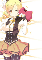 Rule 34 | 10s, 1girl, bad id, bad pixiv id, beret, blonde hair, breasts, brown thighhighs, charlotte (madoka magica), corset, detached sleeves, drill hair, fingerless gloves, gloves, hat, magical girl, mahou shoujo madoka magica, mahou shoujo madoka magica (anime), one eye closed, pleated skirt, puffy sleeves, sasakura, skirt, smile, striped clothes, striped thighhighs, thighhighs, tomoe mami, twin drills, twintails, vertical-striped clothes, vertical-striped thighhighs, wink, yellow eyes