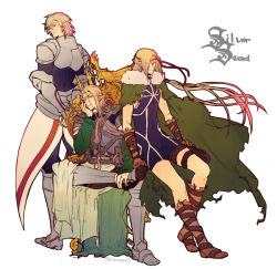 Rule 34 | 3boys, armor, armored boots, blonde hair, boots, brown footwear, cape, commentary request, dinkuron, elf, green cape, hand on own cheek, hand on own face, harugano, knee boots, log horizon, long hair, male focus, multiple boys, pointy ears, prometheus (log horizon), short hair, sitting, standing, very long hair, white background, william massachusetts