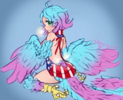 Rule 34 | 1girl, ahoge, american flag dress, artist name, back, bird legs, bird tail, blue background, blue feathers, blue hair, blue tail, blush, breasts, chaosferret, commentary, english commentary, feathered wings, feathers, fireworks, green eyes, highres, holding fireworks, looking at viewer, looking back, medium breasts, meme attire, multicolored hair, original, pink feathers, pink hair, pink wings, purple tail, solo, sparkler, tail, talons, two-tone hair, two-tone tail, two-tone wings, virgin killer sweater, winged arms, wings