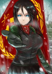 Rule 34 | 10s, 1girl, black hair, blue eyes, breasts, flag, girls und panzer, gloves, large breasts, long hair, long sleeves, looking at viewer, military, military uniform, mimit, miniskirt, nonna (girls und panzer), pleated skirt, reaching, scissors, shirt, skirt, snow, solo, taut clothes, taut shirt, uniform, vest
