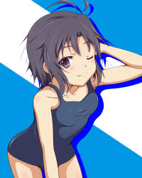 Rule 34 | 10s, 1girl, antenna hair, armpits, bare shoulders, black hair, collarbone, flat chest, highres, idolmaster, idolmaster (classic), idolmaster 2, kikuchi makoto, leaning forward, little little star, one-piece swimsuit, one eye closed, purple eyes, short hair, siplet, smile, solo, swimsuit, wink