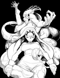 Rule 34 | 1girl, bad id, bad pixiv id, breasts, double (skullgirls), dual persona, extra arms, extra mouth, closed eyes, fighting stance, greyscale, habit, highres, hip focus, jojo no kimyou na bouken, large breasts, long tongue, monochrome, monster, mutant, npa (sirokurokuma), nun, parody, skullgirls, stand (jojo), tentacles, tongue, tongue out, veins, wide hips