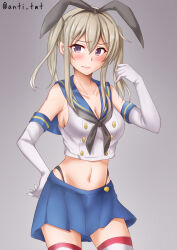Rule 34 | 1girl, alternate costume, anchor, anchor hair ornament, anti (untea9), black neckerchief, black panties, blonde hair, blue sailor collar, breasts, cleavage, cosplay, cowboy shot, crop top, elbow gloves, embarrassed, gloves, gradient background, graf zeppelin (kancolle), grey background, grey eyes, hair between eyes, hair ornament, hairband, highleg, highleg panties, highres, impossible clothes, kantai collection, large breasts, long hair, looking at viewer, medium breasts, microskirt, miniskirt, navel, neckerchief, panties, sailor collar, school uniform, serafuku, shimakaze (kancolle), shimakaze (kancolle) (cosplay), sidelocks, skirt, solo, striped clothes, striped thighhighs, sweatdrop, thighhighs, twintails, twitter username, underwear, white gloves