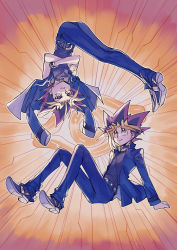 Rule 34 | 2boys, arm support, belt, blonde hair, blue pants, closed mouth, commentary request, crossed arms, dyed bangs, eye contact, fushitasu, grey shirt, jacket, jacket on shoulders, long sleeves, looking at another, looking up, male focus, multiple boys, muto yugi, pants, purple hair, school uniform, shirt, shoes, sitting, smile, spiked hair, yami yugi, yu-gi-oh!, yu-gi-oh! duel monsters
