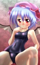 Rule 34 | 1girl, bat wings, blue hair, blush, female focus, hat, one-piece swimsuit, red eyes, remilia scarlet, school swimsuit, shiny clothes, short hair, solo, spread legs, swimsuit, tennouji mamichi, tennouji masamichi, touhou, wet, wet clothes, wings
