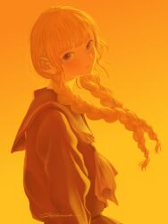 Rule 34 | 1girl, absurdres, braid, commentary request, dusk, expressionless, floating hair, grey eyes, highres, junito715, long hair, looking at viewer, orange sky, orange theme, original, outdoors, school uniform, serafuku, sky, solo, twilight, twin braids, twintails, upper body, wind
