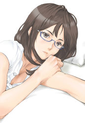 Rule 34 | 1girl, breasts, brown eyes, brown hair, cleavage, glasses, lying, on side, original, outstretched arm, pillow, shirt, solo, upper body, white shirt, yamaishi (mukoubuti)