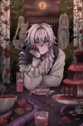 Rule 34 | 1boy, apple, bishounen, black eyeshadow, blue eyes, blue hair, blurry, blurry background, blush, cake, cake slice, chocolate fountain, colored skin, creature, drink, eyelashes, eyeshadow, flower, food, fork, frilled shirt, frills, fruit, gavis bettel, gavis bettel (2nd costume), gradient skin, grey hair, hair between eyes, hair intakes, heterochromia, highres, holding, holding fork, holostars, holostars english, ice, ice cube, jewelry, leaning forward, looking at viewer, makeup, male focus, multicolored hair, multiple rings, necklace, official alternate costume, phantom (gavis bettel), pillar, pink eyes, pink hair, rainycoffeebean, red apple, red flower, red rose, ring, rose, shirt, sky, solo, statue, strawberry, sweat, table, tentacles, twitter username, upper body, virtual youtuber