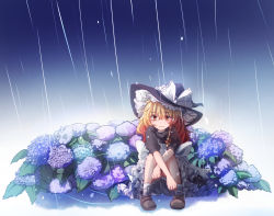 Rule 34 | 1girl, apron, bloomers, commentary, dress, flower, frown, hat, hydrangea, kirisame marisa, long hair, petticoat, rain, sad, shoes, sitting, socks, solo, tears, thick eyebrows, tigern, touhou, underwear, wavy hair, witch hat