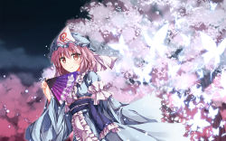 Rule 34 | 1girl, bad id, bad pixiv id, bug, butterfly, cherry blossoms, hand fan, female focus, folding fan, ghost, hat, hexagon, highres, bug, japanese clothes, light particles, looking at viewer, petals, pink eyes, pink hair, saigyouji yuyuko, saigyouji yuyuko&#039;s fan design, solo, toshizaki shouma, touhou, tree, wallpaper
