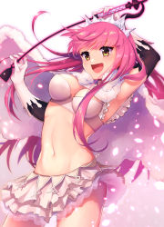Rule 34 | 1girl, blunt bangs, breasts, cocorosso, fate/grand order, fate (series), gloves, highres, holding, holding riding crop, long hair, looking at viewer, medb (fate), medium breasts, navel, open mouth, petals, pink hair, riding crop, simple background, skirt, smile, solo, white background, white gloves, yellow eyes