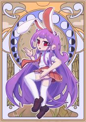 Rule 34 | 1girl, absurdres, animal ears, art nouveau, blush, finger gun, full body, highres, long hair, looking at viewer, manncho, moon phases, necktie, open mouth, outline, pleated skirt, purple hair, rabbit ears, red eyes, reisen udongein inaba, shirt, shoes, short sleeves, skirt, solo, thighhighs, touhou, very long hair, white outline, white thighhighs