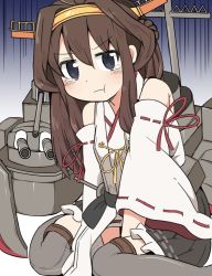 Rule 34 | 10s, 1girl, :t, bare shoulders, black thighhighs, blue eyes, blush, boots, brown hair, cannon, detached sleeves, double bun, hair bun, hair ornament, hairband, headgear, highres, japanese clothes, kantai collection, kongou (kancolle), long hair, looking at viewer, nontraditional miko, personification, pout, ribbon-trimmed sleeves, ribbon trim, single hair bun, sitting, skirt, solo, tears, thigh boots, thighhighs, turret, v arms, wariza, wide sleeves, yamase