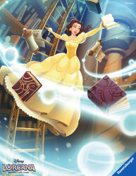 Rule 34 | 1girl, absurdres, beauty and the beast, belle (disney), book, bookshelf, brown eyes, brown hair, climbing ladder, copyright name, disney, disney lorcana, dress, earrings, elbow gloves, english text, gloves, highres, indoors, jewelry, ladder, logo, long dress, magic, official art, open book, open mouth, red lips, scroll, signature, sleeveless, sleeveless dress, solo, sphere earrings, valerio buonfantino, yellow dress, yellow gloves