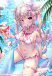 Rule 34 | 1girl, animal ears, bikini, blush, breasts, cat ears, cat girl, cat tail, day, food, grey hair, holding, holding food, inflatable toy, long hair, looking at viewer, medium breasts, mouth hold, navel, ocean, original, pink bikini, red eyes, swimsuit, tail, thigh strap, twintails, two-tone bikini, water, white bikini, yuyuko (yuyucocco)