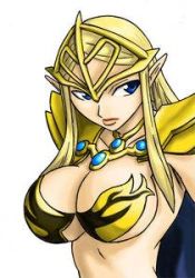 Rule 34 | 1girl, armor, bikini armor, blonde hair, blue eyes, breasts, cape, chaos breaker, cleavage, elf, fina (chaos breaker), helmet, jewelry, large breasts, long hair, lots of jewelry, lowres, pointy ears, revealing clothes, shoulder pads, sideboob, simple background, solo, white background