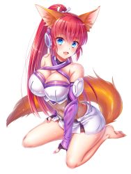 Rule 34 | 10s, 1girl, :d, animal ears, bad id, bad pixiv id, bare shoulders, barefoot, between legs, black gloves, blue eyes, blush, breasts, cleavage, covered navel, criss-cross halter, fingerless gloves, fingernails, fox ears, fox tail, full body, gloves, hair between eyes, halterneck, halterneck, hand between legs, head tilt, headphones, kakaoken, large breasts, long hair, microskirt, open mouth, pleated skirt, ponytail, rin (show by rock!!), shirt, show by rock!!, simple background, sitting, skirt, smile, solo, tail, very long hair, white background, white shirt